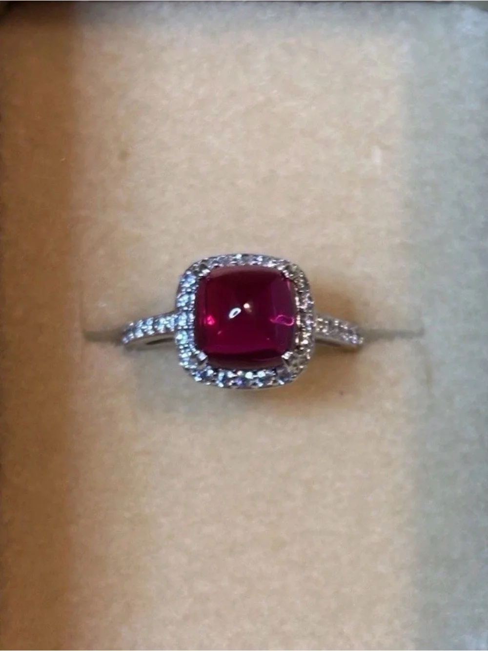 Ruby Red Gemstone & CZ Halo Sterling Silver 925 Ring Size 8 with Pavé Band